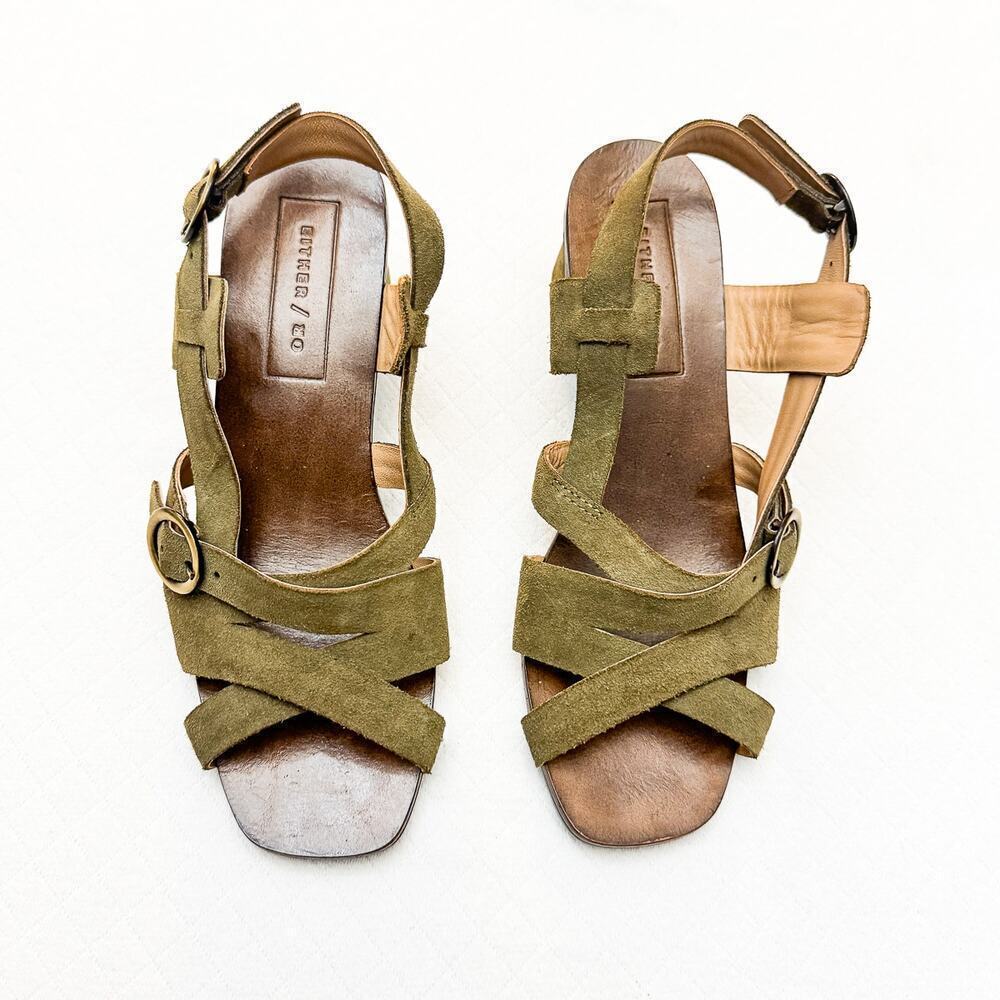 Either / OR Strappy Green Leather Suede Open Toe Sandals Moss Size 7 NWOB